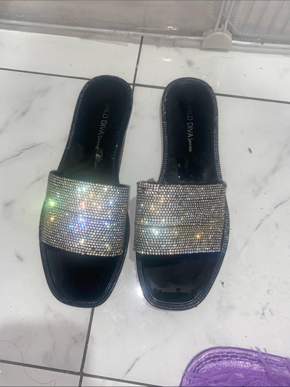 Wild Diva Black Slide Sandals with Sparkling Crystal Band